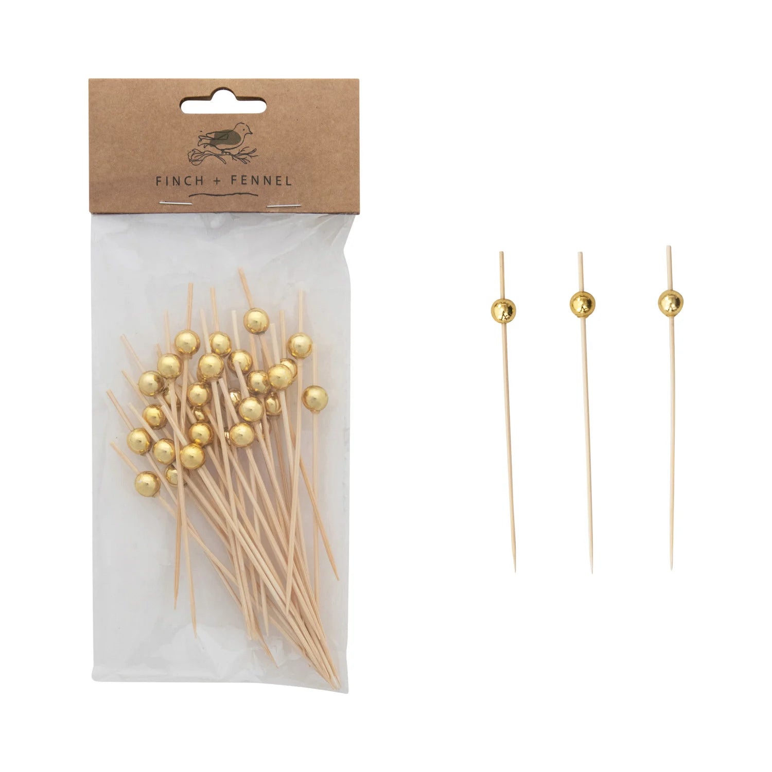 Bamboo Single Use Picks with Ball Handles, Natural & Gold Finish, Set of 50