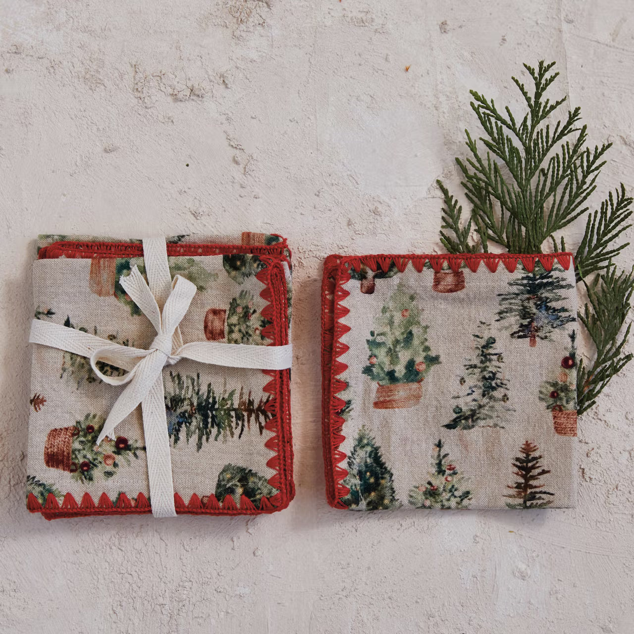 Cotton Printed Cocktail Napkins with Trees Pattern & Red Stitched Edge, Set of 4