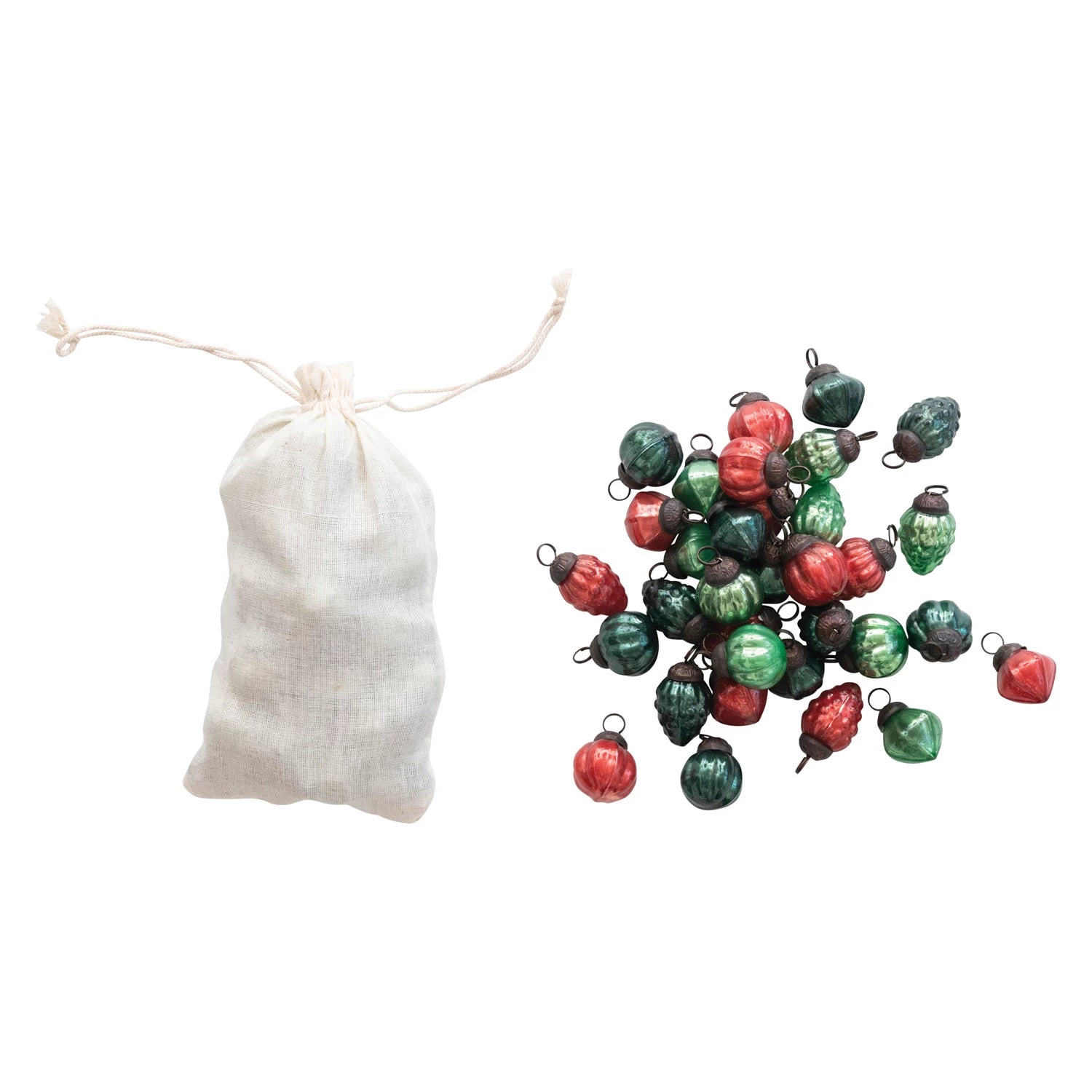 Embossed Mercury Glass Ornaments in Muslin Bag, Red and Green Colors, Set of 36