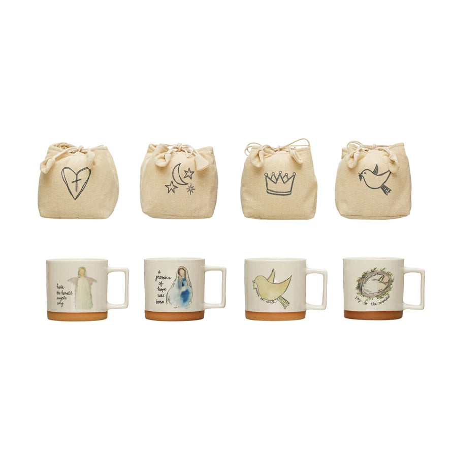 Stoneware Mug with Christmas Saying & Image in Printed Drawstring Bag, 4 Styles