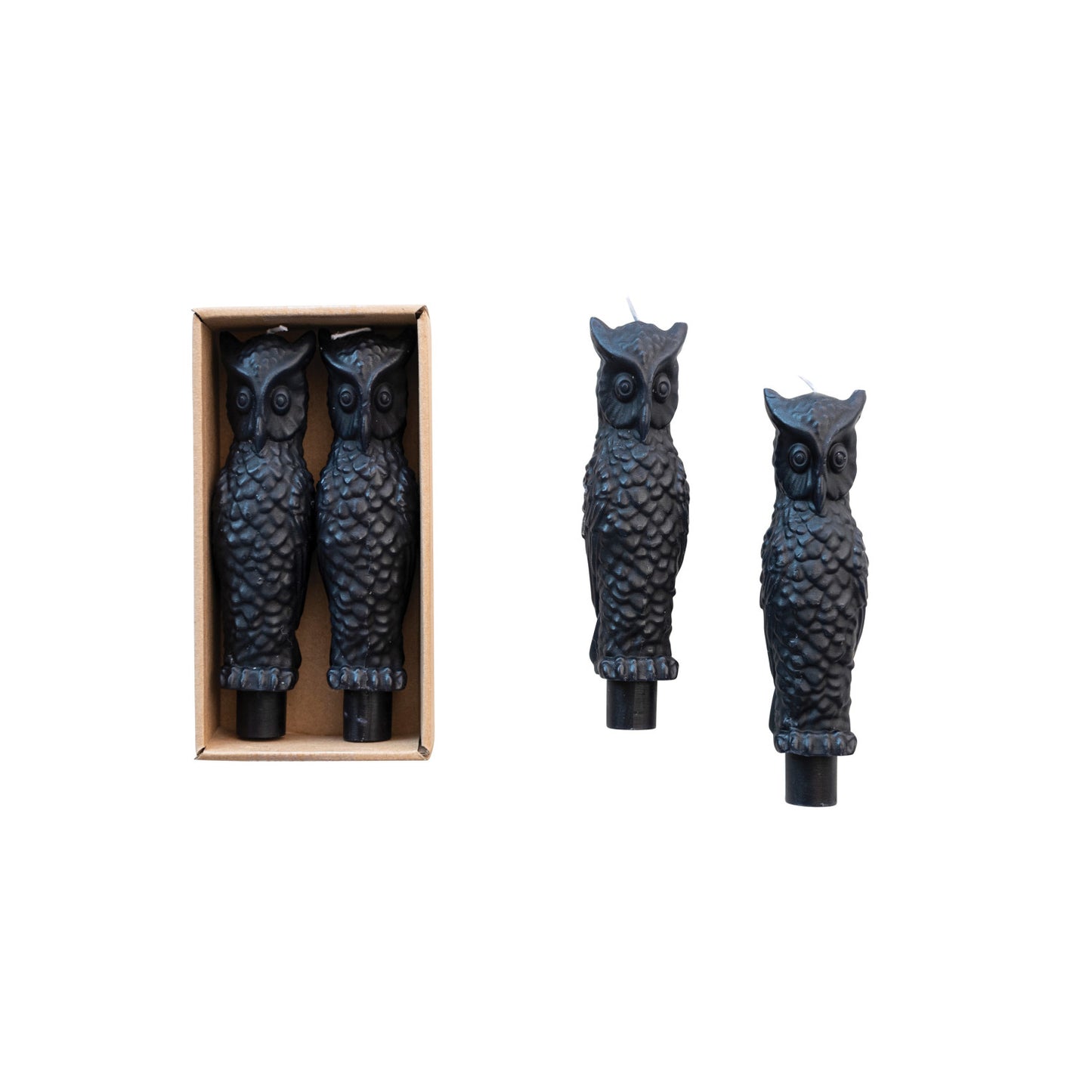 6"H Unscented Owl Taper Candles in Box, Black Color, Set of 2