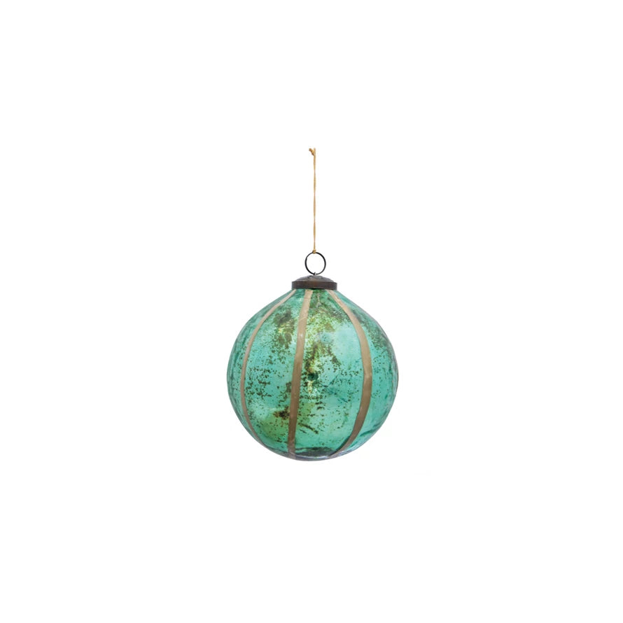 Recycled Glass Ball Ornament with Embedded Eucalyptus Leaves, Turquoise