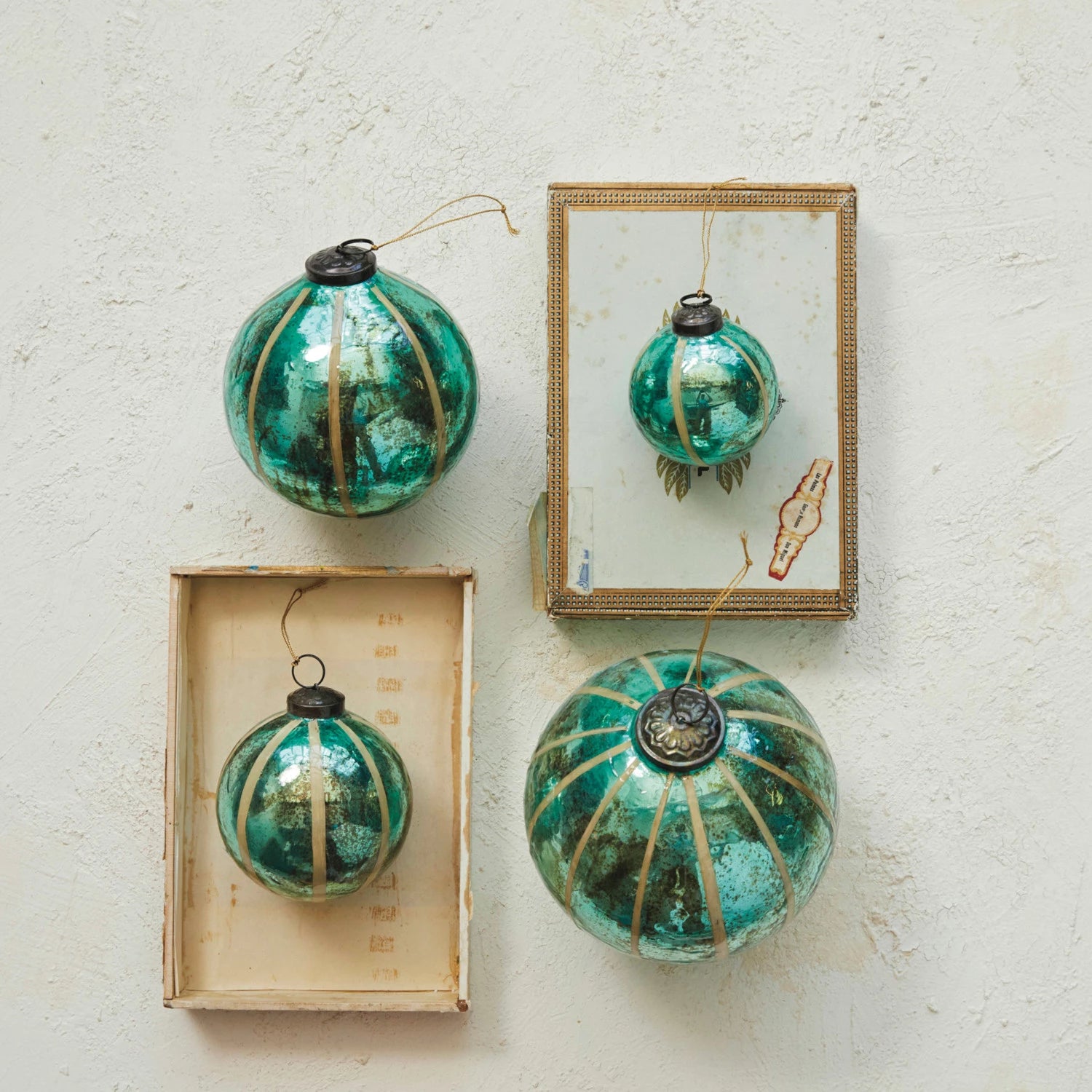 Recycled Glass Ball Ornament with Embedded Eucalyptus Leaves, Turquoise