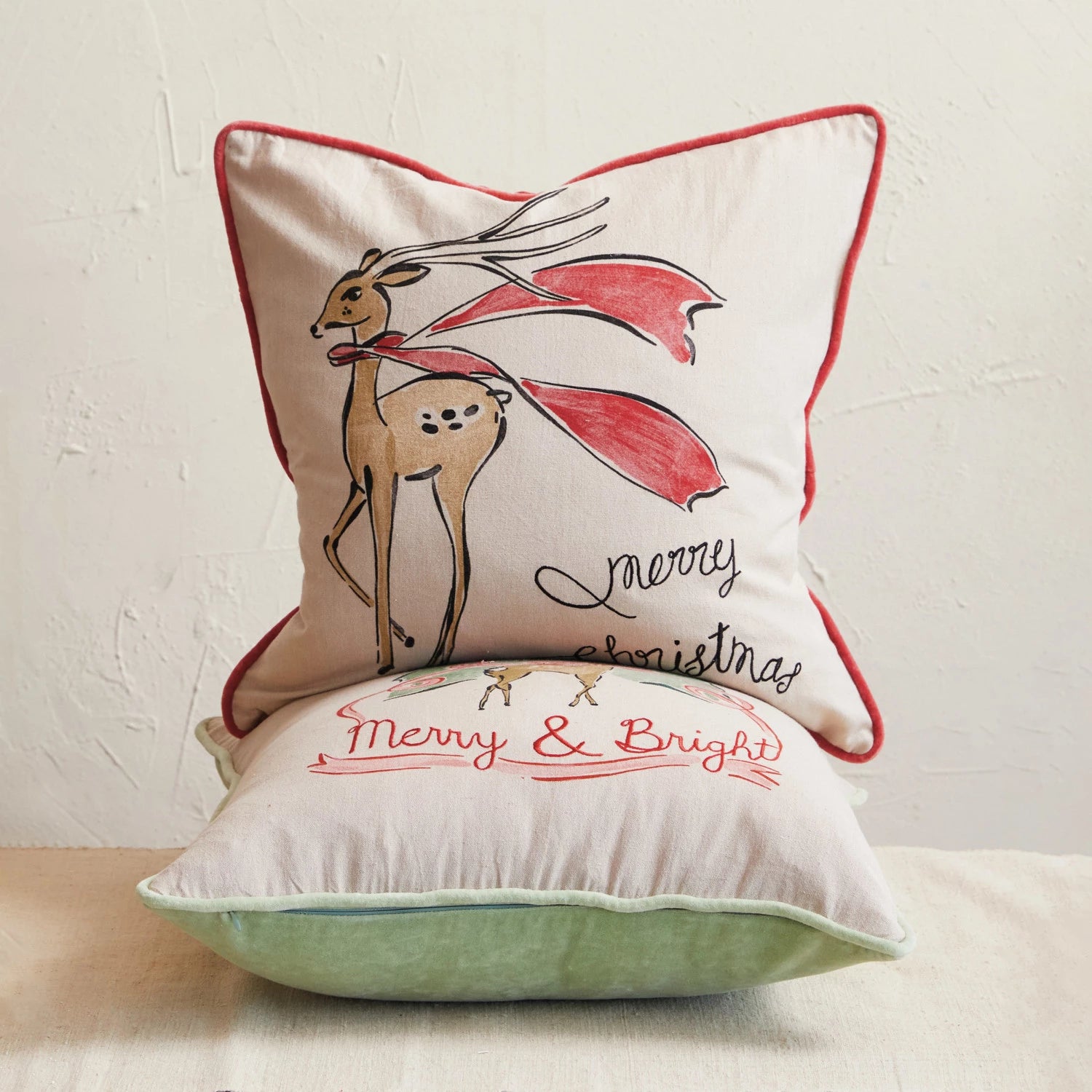 20" Square Cotton Chambray Printed Pillow with Velvet Piping & Back