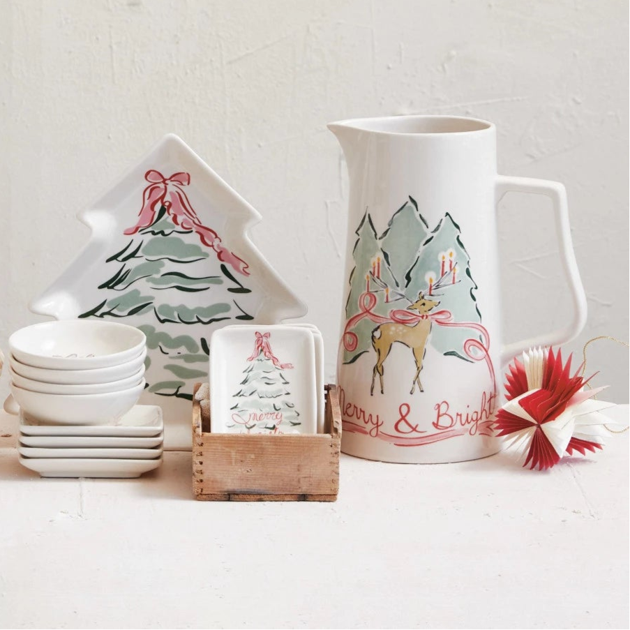 Stoneware Tree Shaped Plate with Christmas Tree, Multi Color