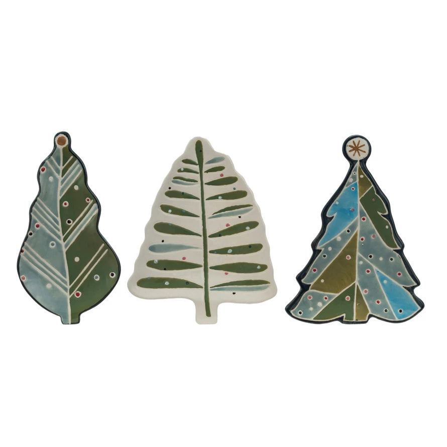 Hand-Painted Stoneware Tree Shaped Plate with Wax Relief, 3 Styles