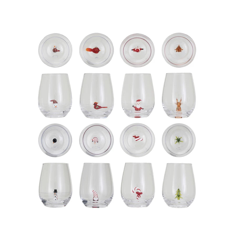 Stemless Wine Glass with Holiday Figure Inside, 8 Styles