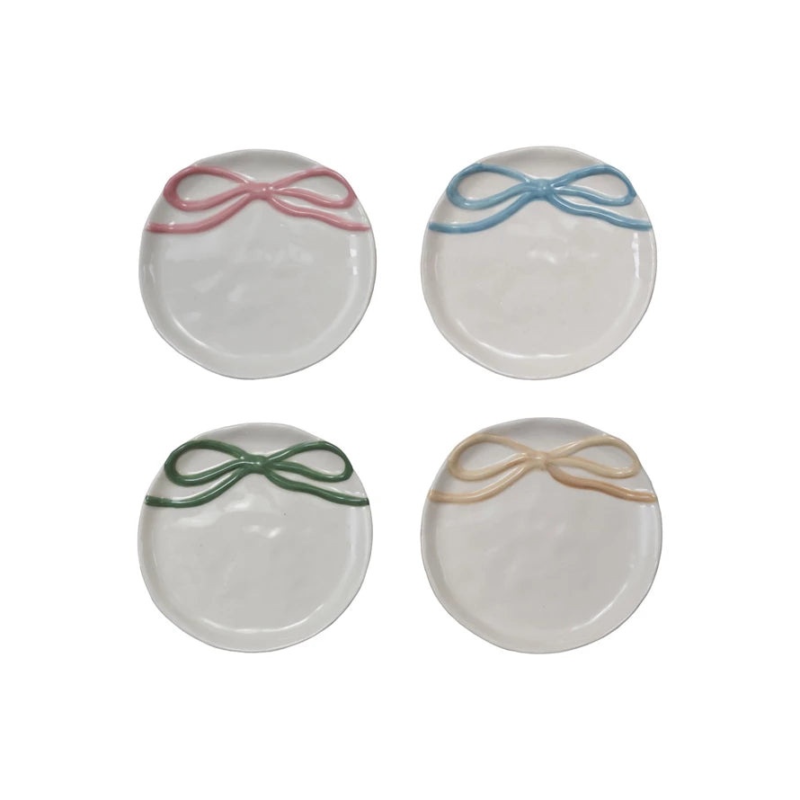 Round Stoneware Dish with Bow, 4 Colors
