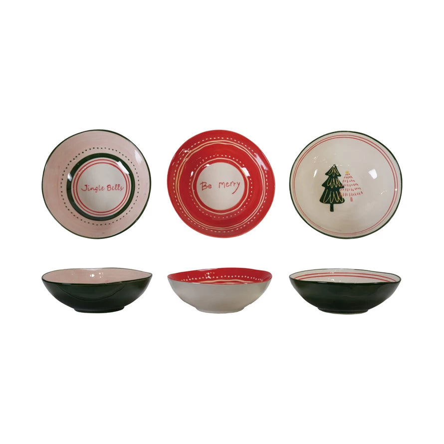 Hand-Painted Stoneware Bowl with Holiday Saying & Design, 3 Styles