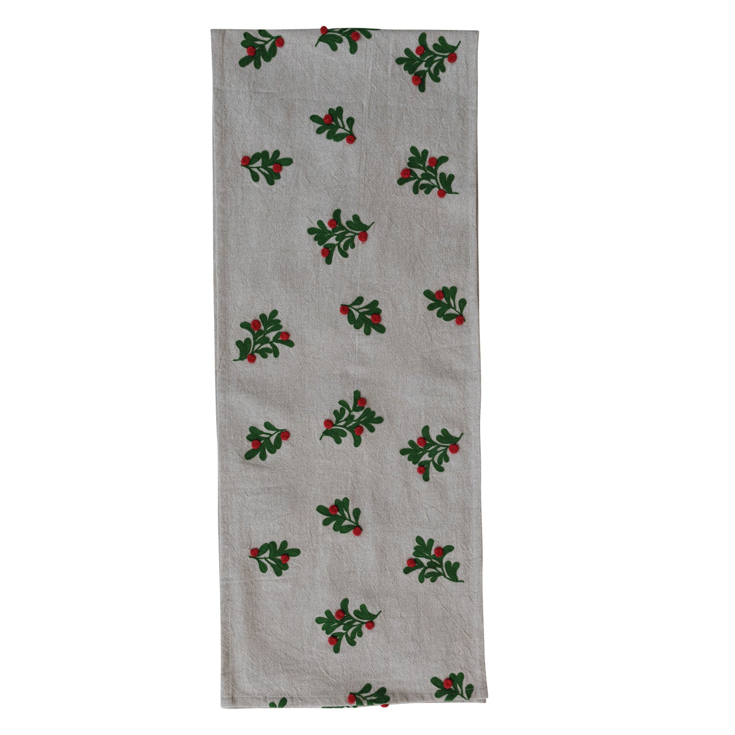 Table Runner with Embroidered Mistletoe Pattern & Pom Poms