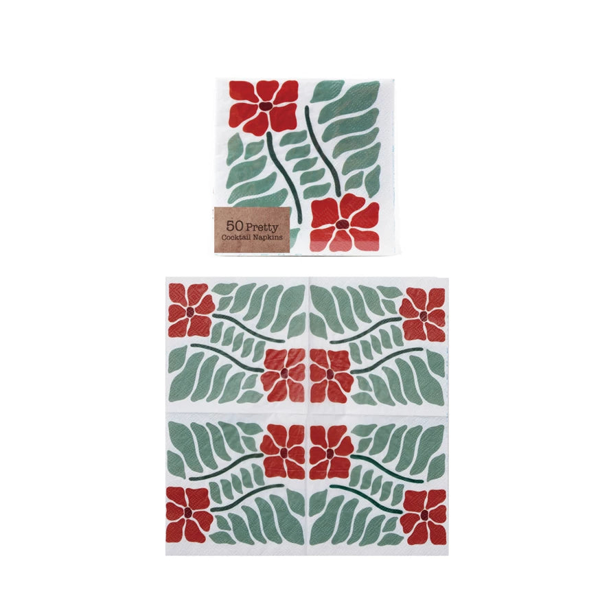 Paper Cocktail Napkins with Poinsettias 50 ct