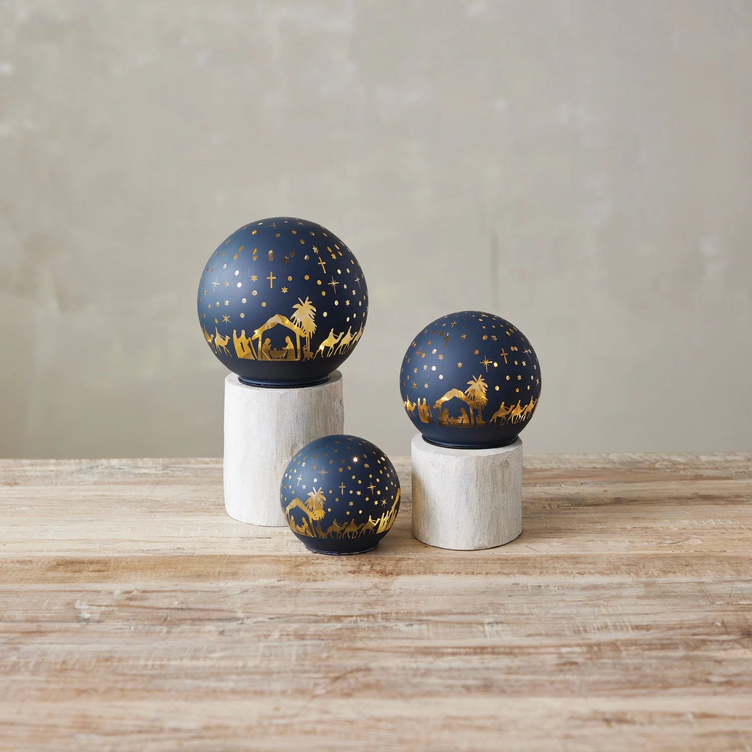 Glass Ball with LED Light & Laser Etched Nativity Scene, 3 Sizes