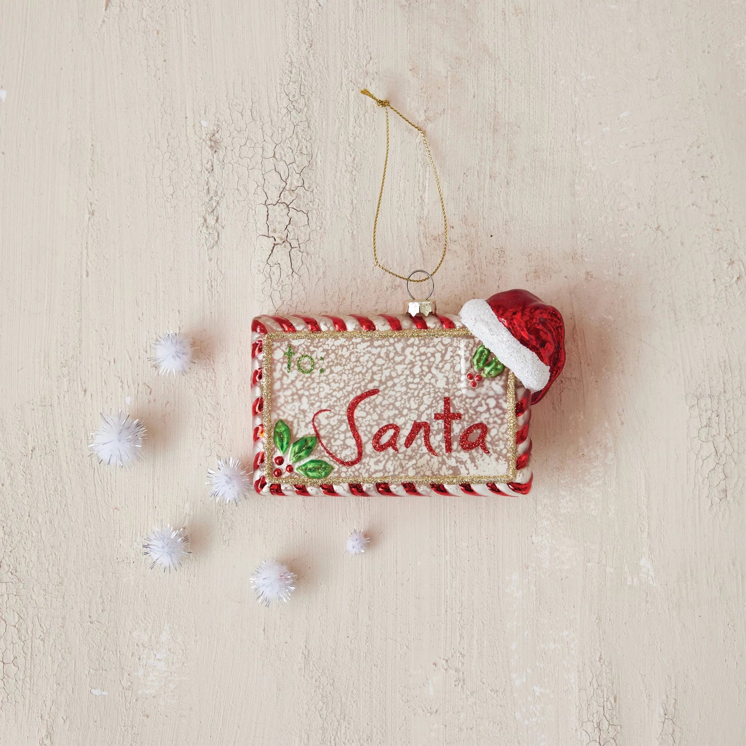 Glass Letter to Santa Ornament with Glitter, Red & Green