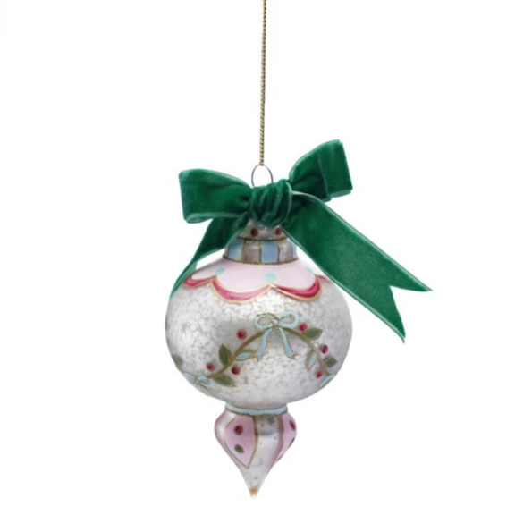 Hand-Painted Glass Ornament with Design/Velvet Bow