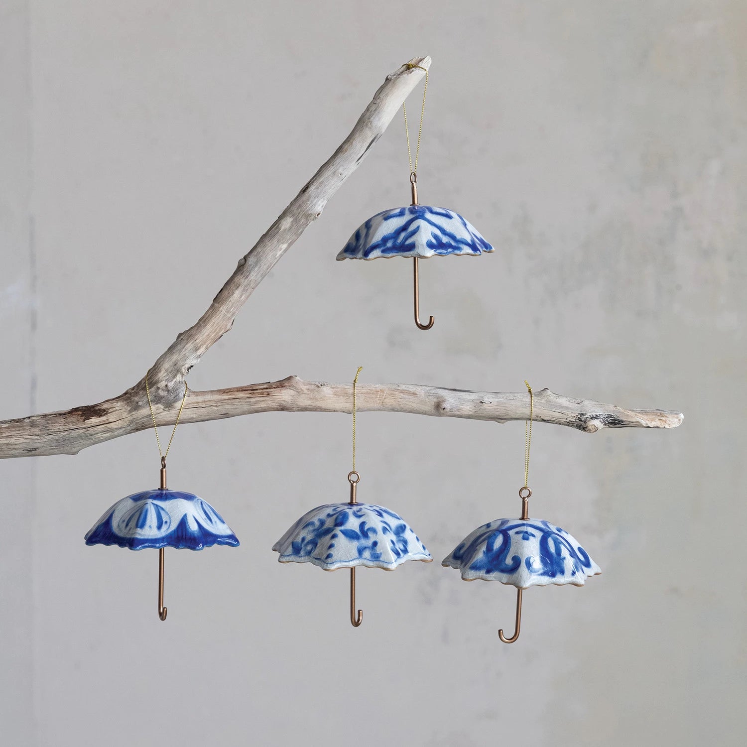Hand-Painted Stoneware & Metal Umbrella Ornament with Pattern, 4 Styles