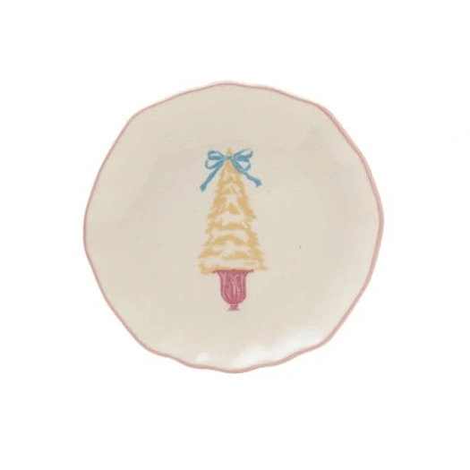 Stoneware Shaped Dish with Tree & Colored Edge