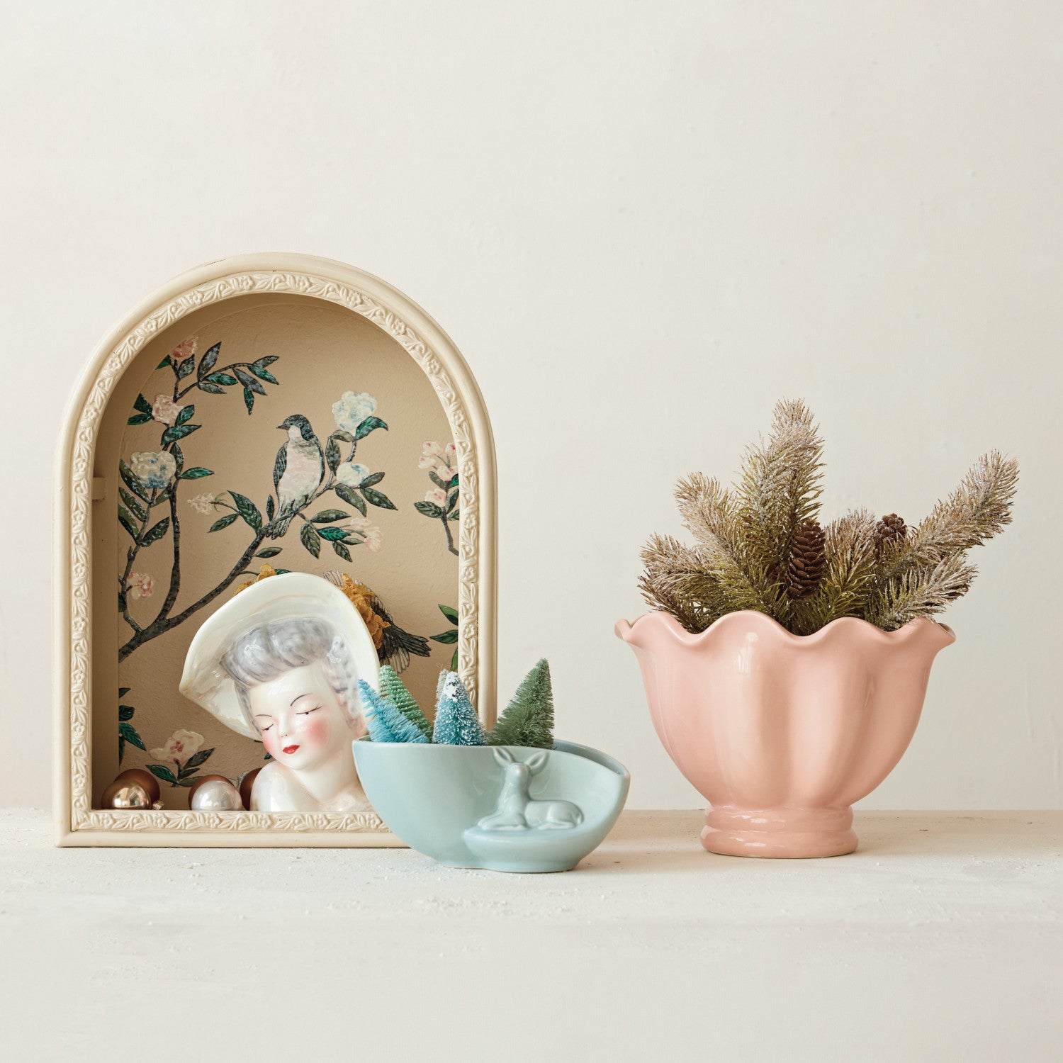 Pink Stoneware Vintage Reproduction Ruffled Footed Planter