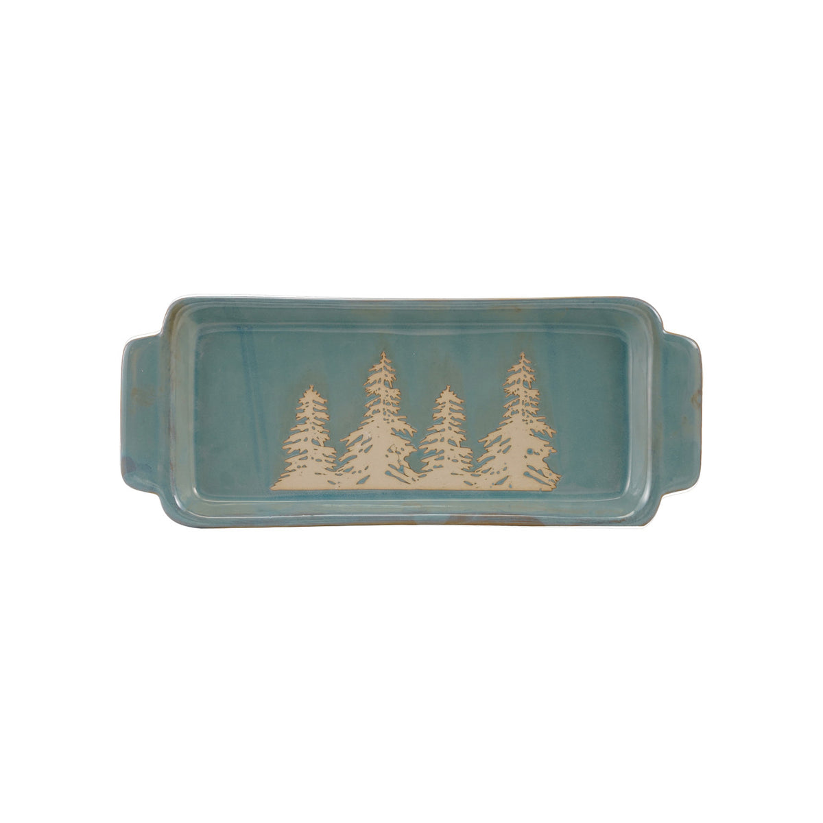Blue Stoneware Tray with Handles & Wax Relief Trees