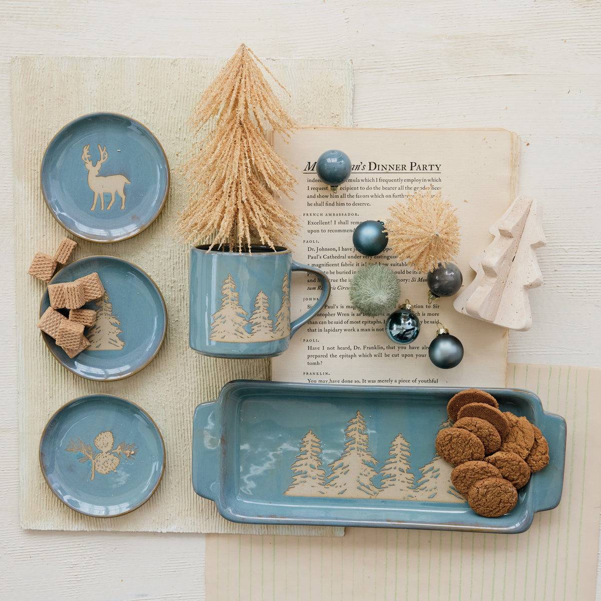 Blue Stoneware Tray with Handles & Wax Relief Trees