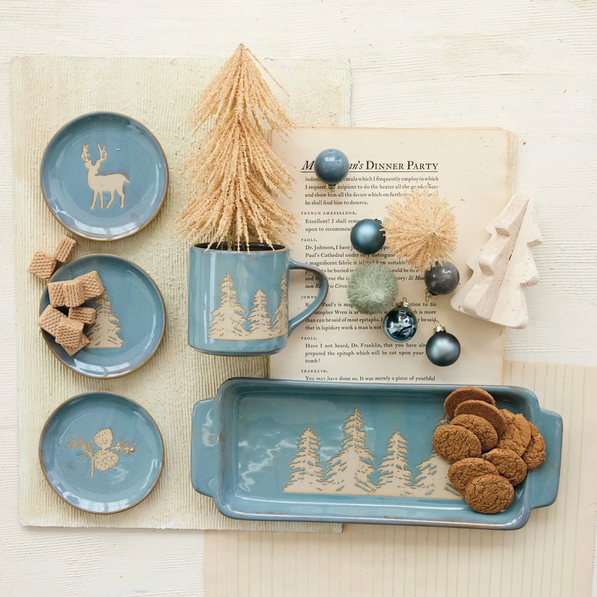 Blue Stoneware Plate with Wax Relief Image, 3 Styles