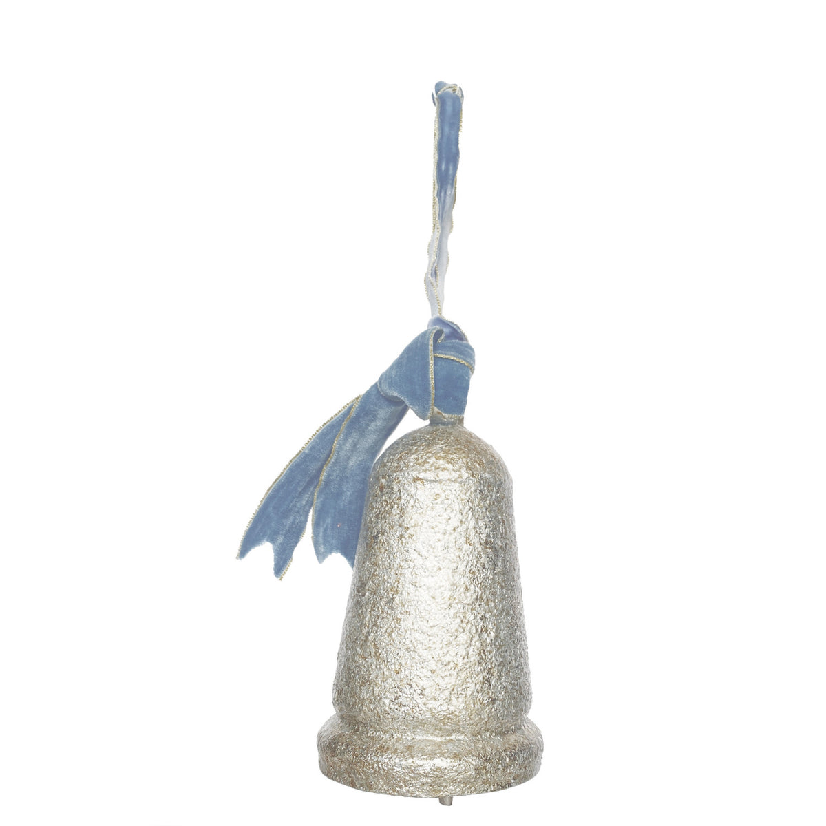 Metal & Wood Bell with Blue Velvet Ribbon, Antique Silver Finish