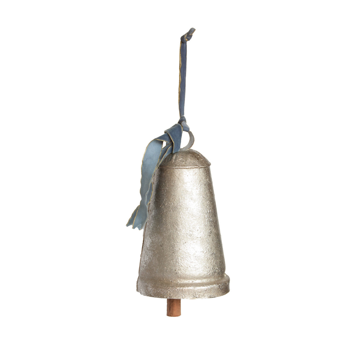 Metal & Wood Bell with Blue Velvet Ribbon, Antique Silver Finish