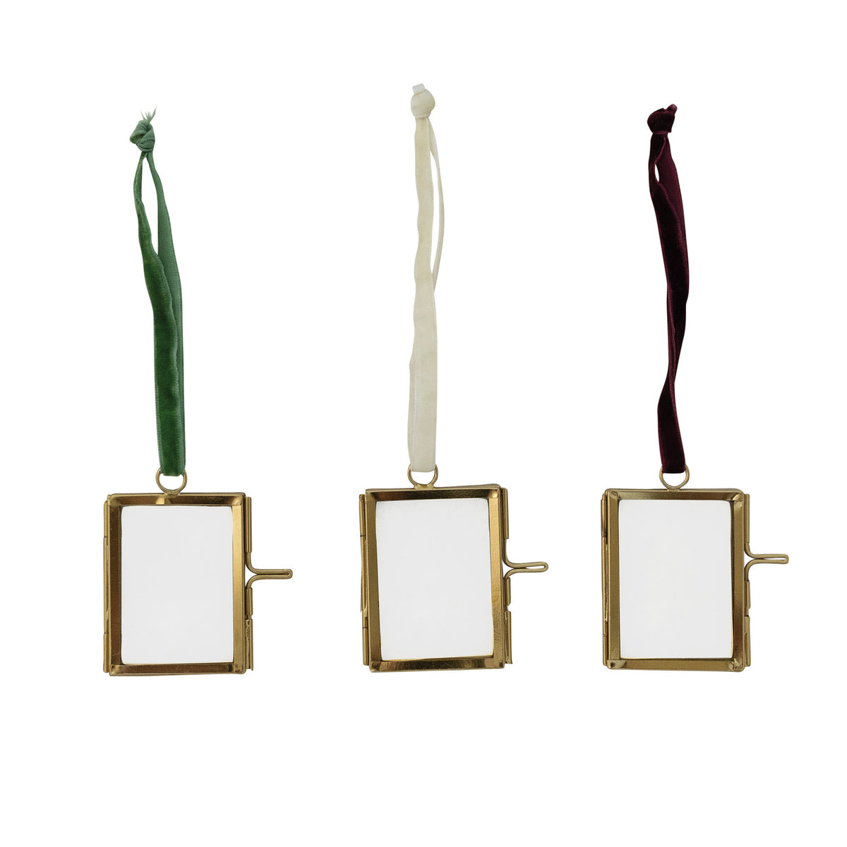Brass & Glass Photo Frame Ornament with Velvet Ribbon Hanger, 3 Colors