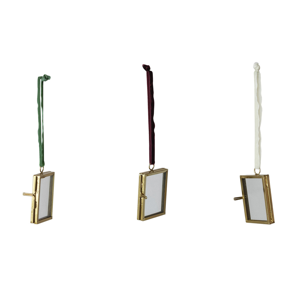 Brass & Glass Photo Frame Ornament with Velvet Ribbon Hanger, 3 Colors