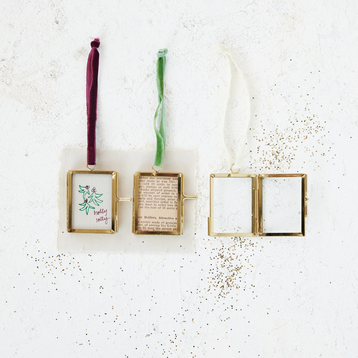 Brass & Glass Photo Frame Ornament with Velvet Ribbon Hanger, 3 Colors