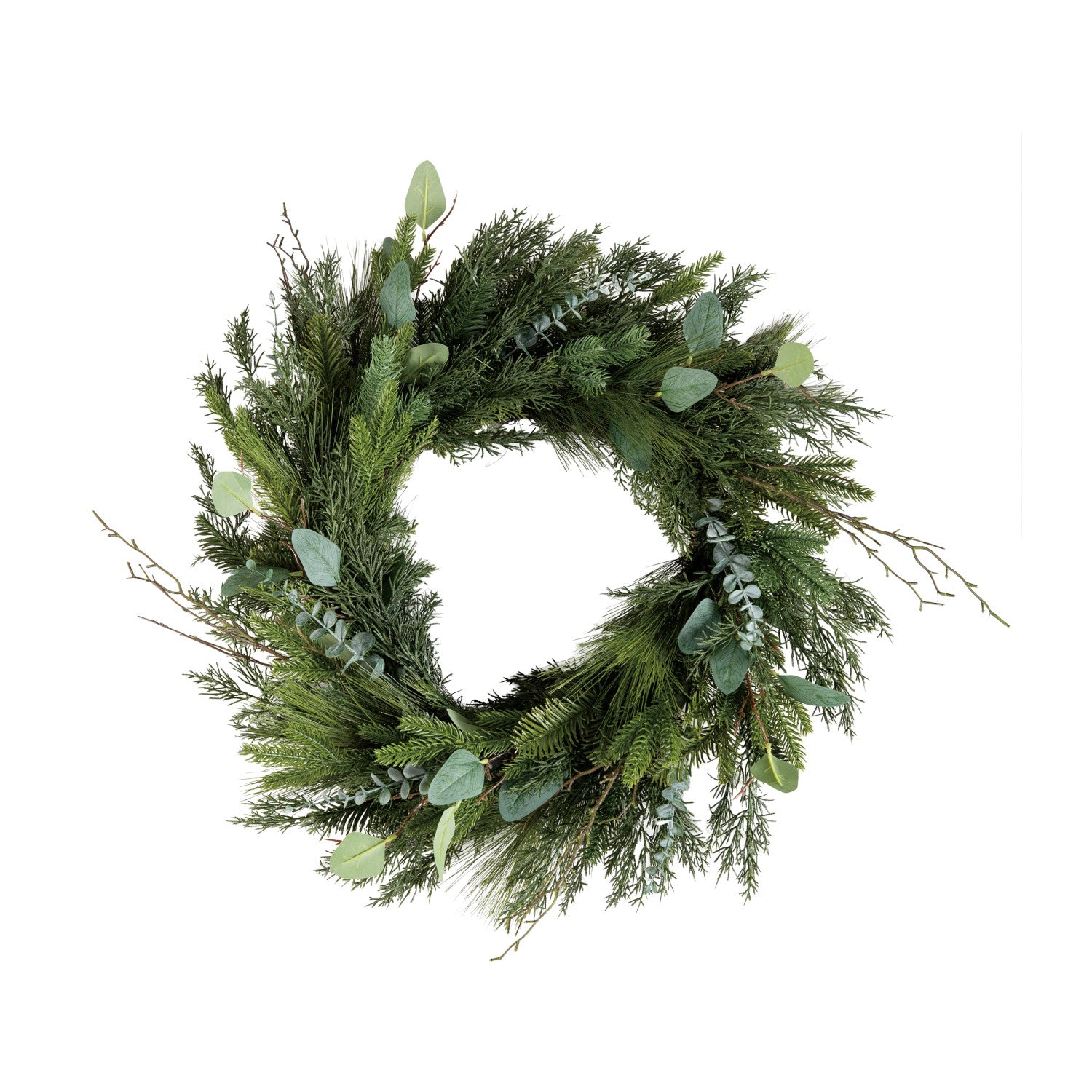Faux Pine, Eucalyptus & Laurel Wreath with Twigs