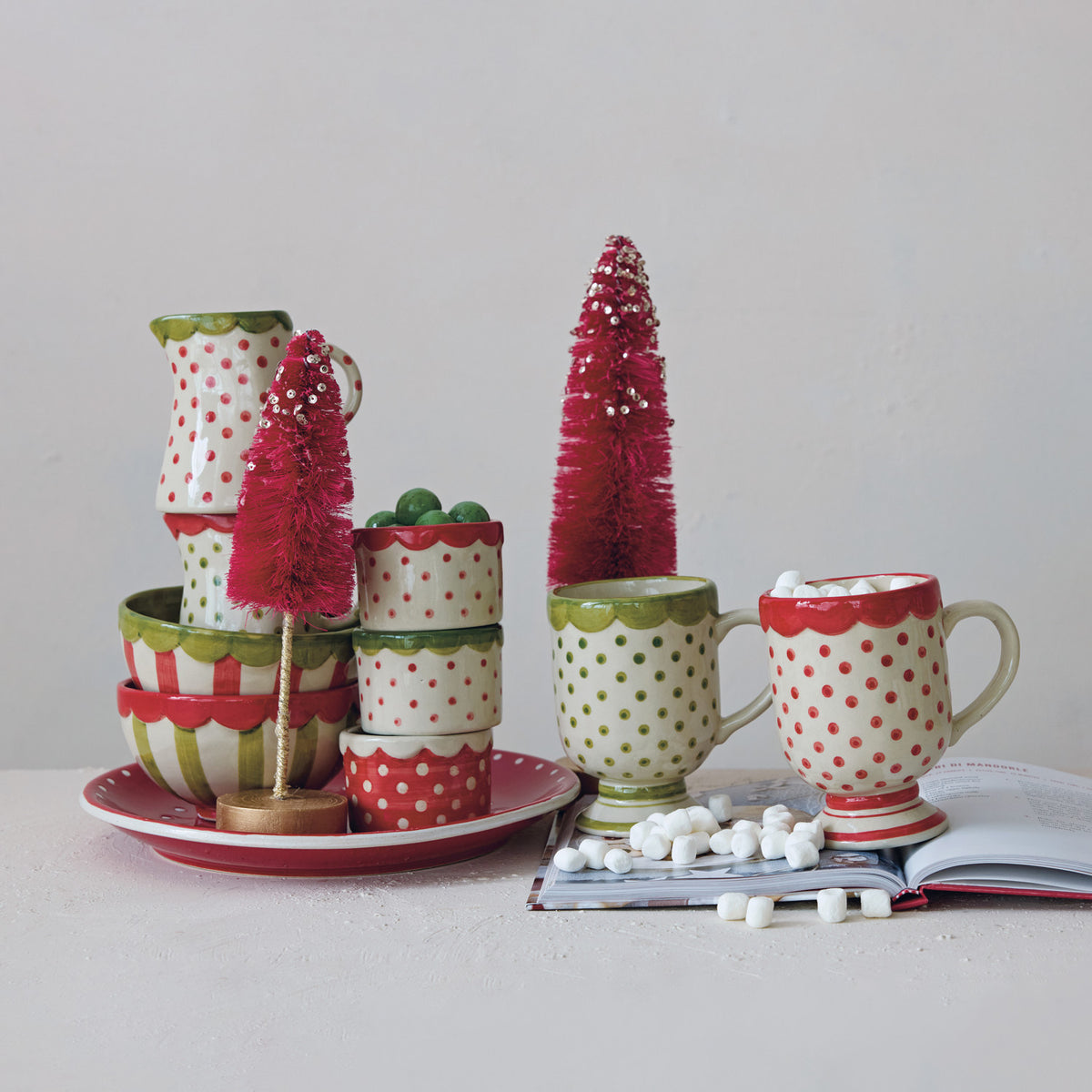 Stoneware Footed Mug with Polka Dots, Stripes & Scalloped Rim