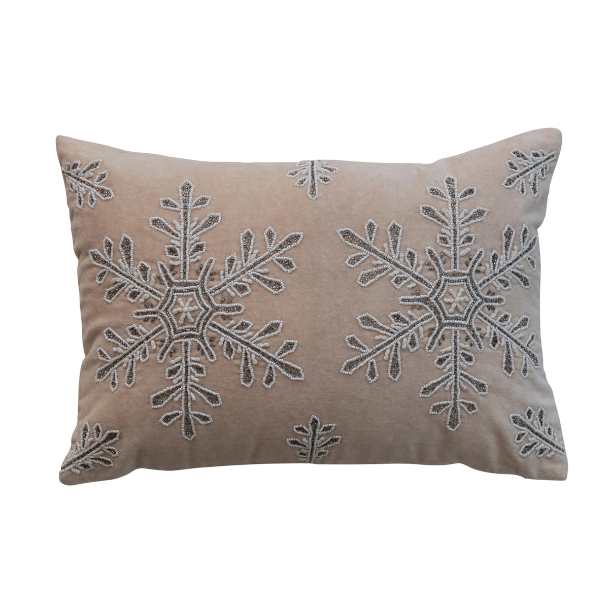 Cotton Velvet Lumbar Pillow with Snowflakes, Embroidery, Beads & Cotton Back