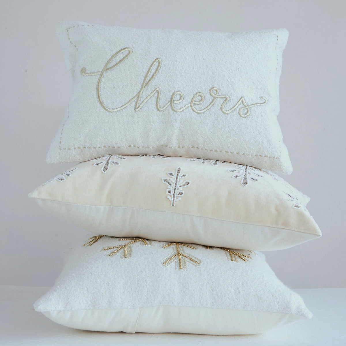 Cotton Velvet Lumbar Pillow with Snowflakes, Embroidery, Beads & Cotton Back