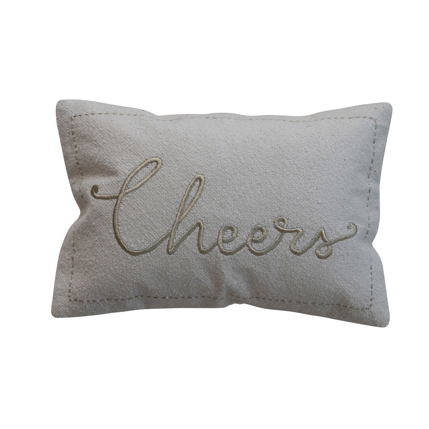 Lumbar Pillow with Embroidered Border "Cheers", Cream & Gold Color