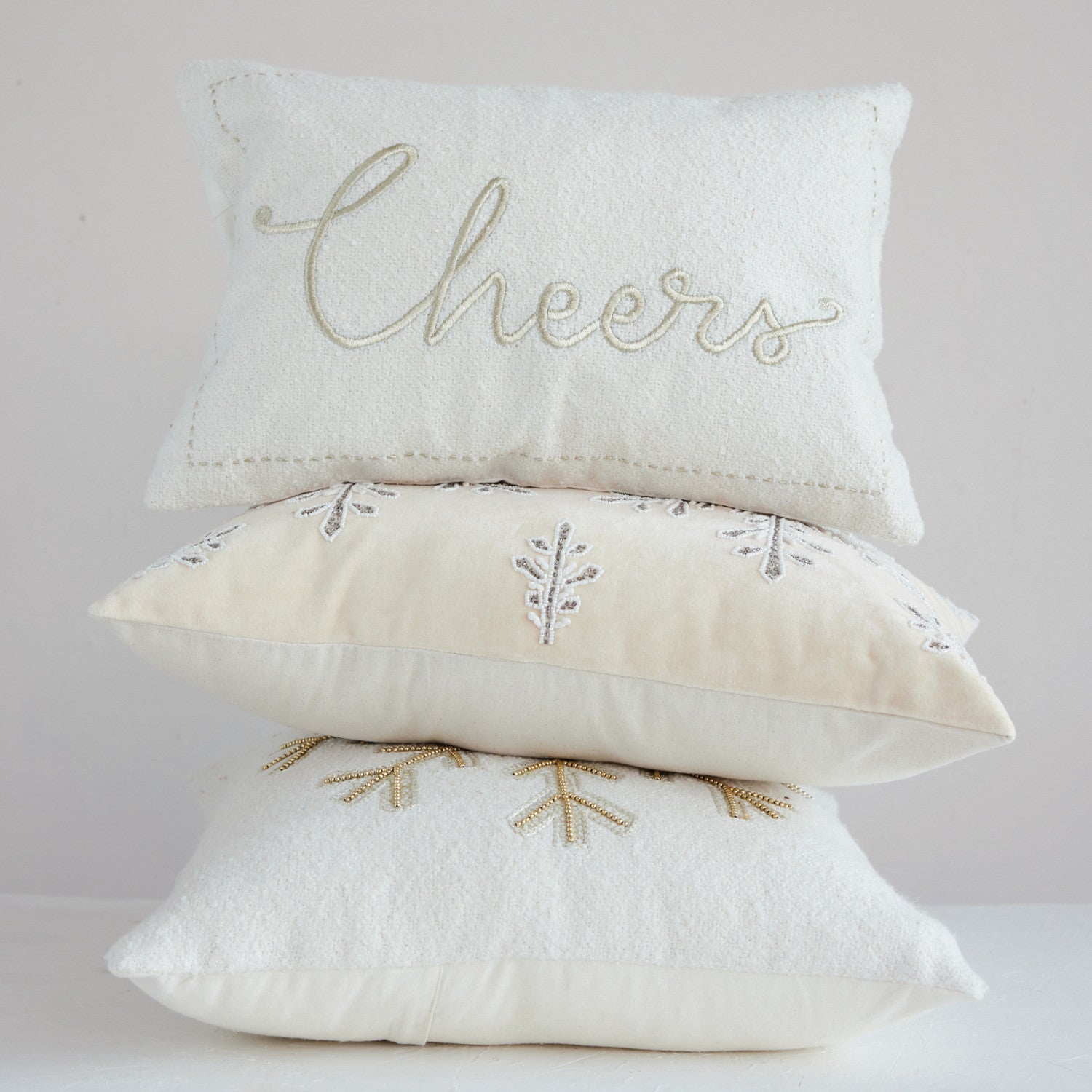 Lumbar Pillow with Embroidered Border "Cheers", Cream & Gold Color