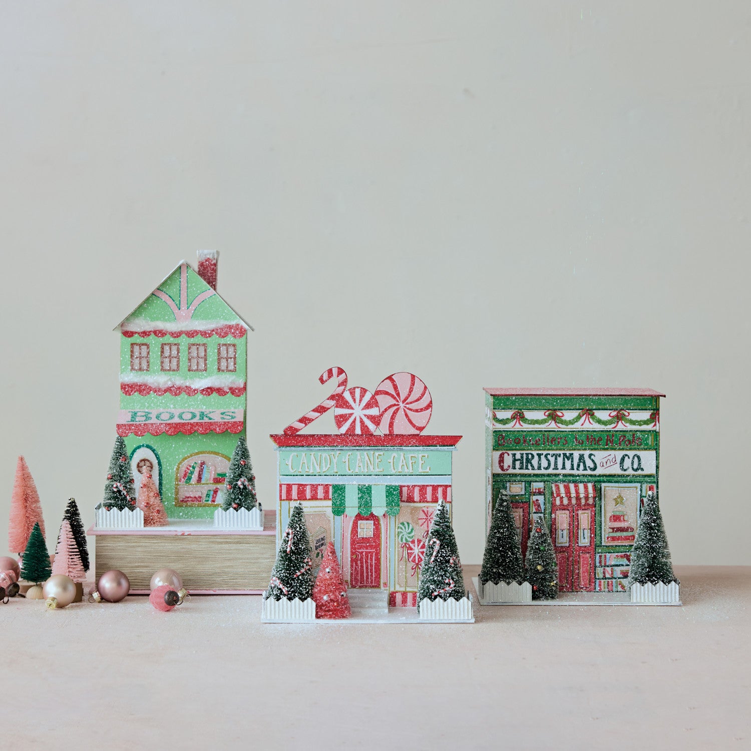 Festive Paper Village with Bottle Brush Trees & LED Light